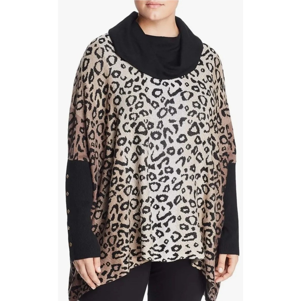 Joseph A Women Leopard Print Cowl Neck Poncho Sweater Gold Button Cuffs 3X